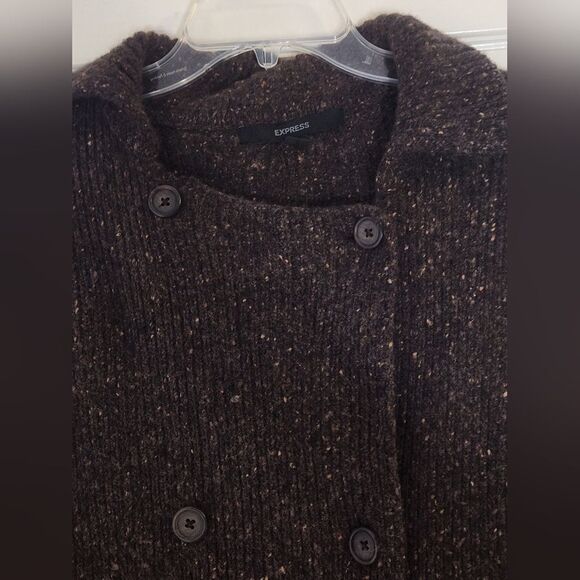 Express L Brown Beige Belt Knitted  WOOL Blend Longsleeve  Buttons Women Peacoat - Picture 4 of 11